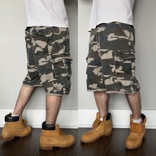 Y2K Baggy Camo Cargo Shorts PLUGG CO Mens 34 Gray Canvas Relaxed 11 Inseam