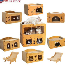 2-in-1 Cat Scratcher Cozy Bed - Durable Cardboard Lounge Bed with Hanging Toys