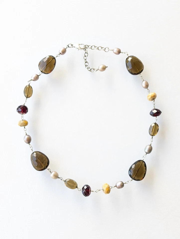 Collar Estación Piedras Preciosas Artesanal Cuarzo Ahumado Granate Perla Alambre Envuelto 15-17" Foto 2 de 4