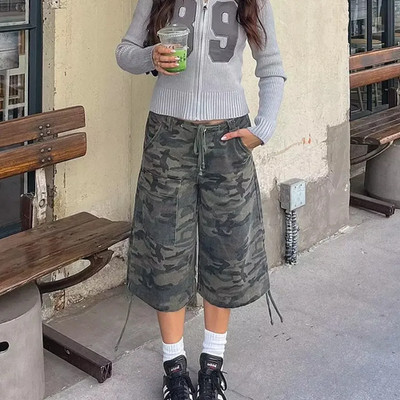Retro Cargo Jeans Shorts Vintage Tarnprint Locker mit Kordel Streetwear
