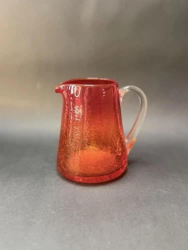 Vintage Blenko 4.75” Orange Crackle Glass Pitcher Amberina UV GLOW
