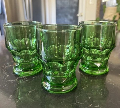Set Of 3 Vintage Viking Georgian Honeycomb Emerald Green Old Fashion MCM Glasses