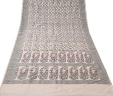 Sushila Vintage Cream Saree Blend Silk Woven Paisley Sari Decor 5 Yard Fabric