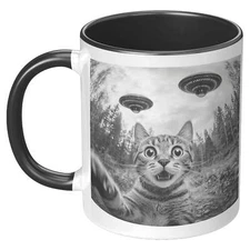 Funny Cat Selfie With Alien UFO 110z Accent Mug, Cat Momma Gift, Cat Dad Gift