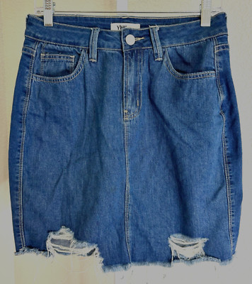 YMI Dream Fit Denim Mini Skirt Raw Hem Distressed Jean Pockets Stretch Blue 9/29