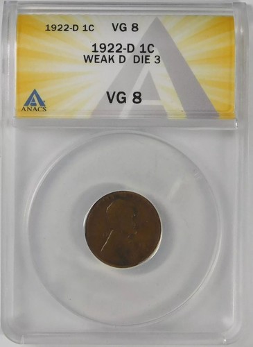 1922-D Lincoln Head Cent (Penny) Weak D/No D Die 3 ANACS VG8 +ROTATED+