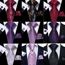 Mens Tie Black Gold Purple Paisley Striped Solid Necktie Hanky Set Wedding