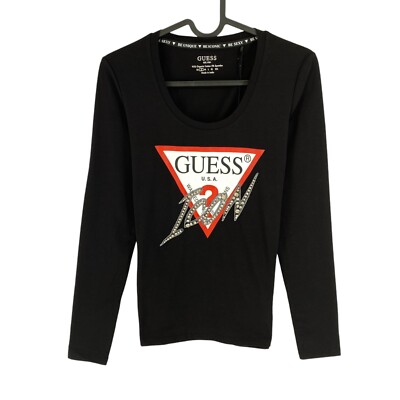 Logo Guess Longsleeves GUESS Women Black Logo Scoop Neck Long