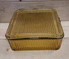 Vintage Federal Glass 8" Square Amber/Butterscotch Covered Ribbed Glass Dish