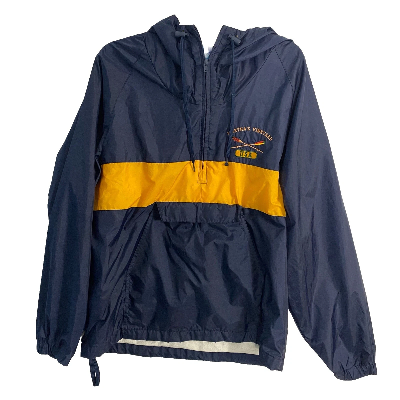 Acadia Mens Hooded Windbreaker Martha's Vineyard Blue Lined Pockets Sz M 90s