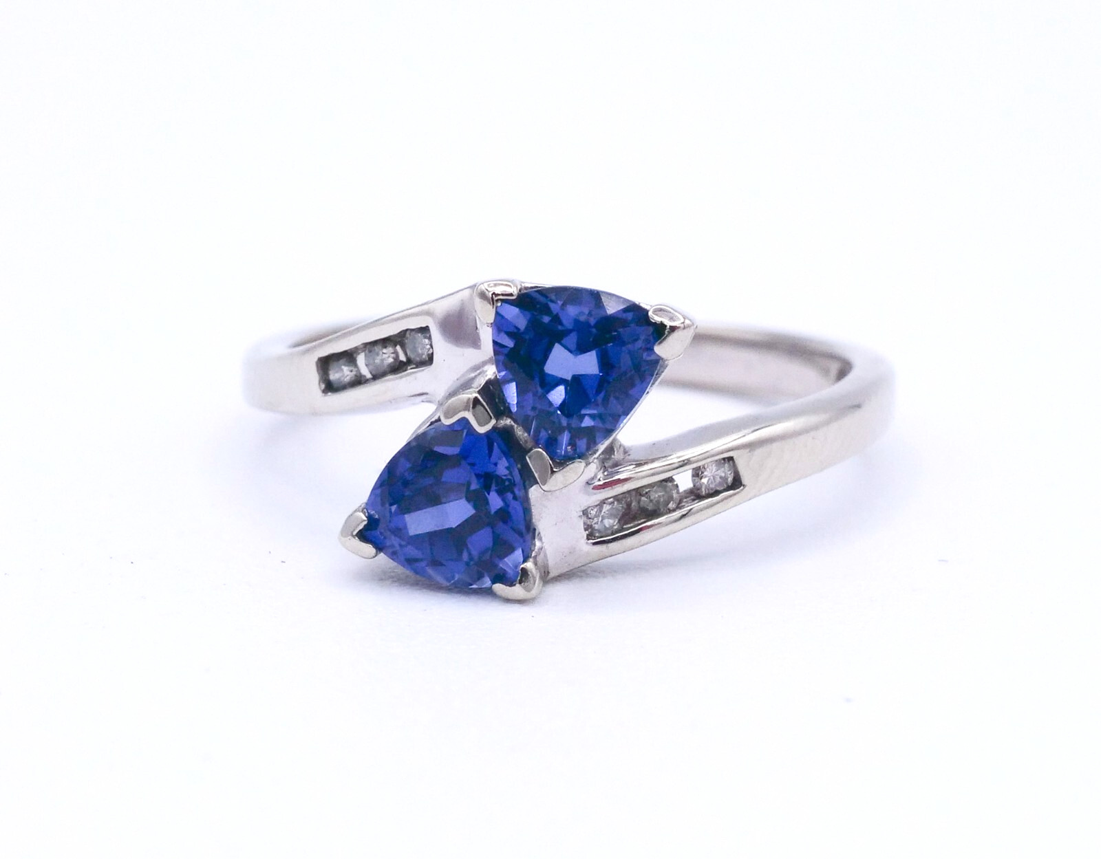 10KT White Gold Blue Sapphire Trillion Cut & Diamond Bypass Ladies Ring Size 7
