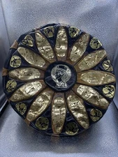 VTG Egyptian Revival Ottoman Pouf King Tut Hieroglyphic Leather Black Brown Gold