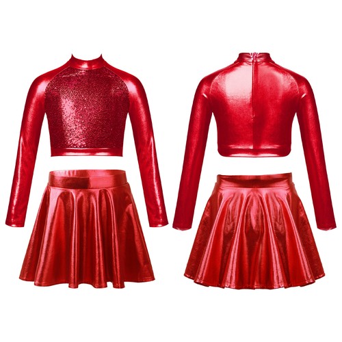AU Girls Shiny Metallic Long Sleeve Crop Top with Skater Skirt Set Dance Outfits - Picture 51 of 73