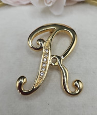 Vintage Monogram Letter R Brooch Lapel Pin Rhinestone Cursive Large Initial