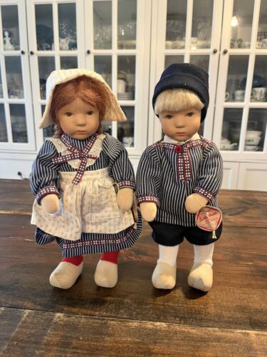 Kathe Kruse Doll Set Boy And Girl Vintage 10” Tall Wooden Shoes Made In Germany