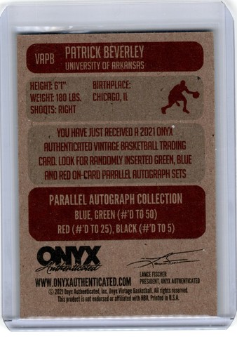 2022 Onyx BKB Blue Ink AUTO /50 PATRICK BEVERLEY 76ers ARKANSAS Razorbacks NM+ - Picture 2 of 2
