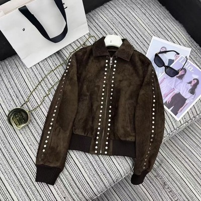 Women s Studded Suede Leather  Bomber Jacket Brown Zip Up Biker Casual Coat