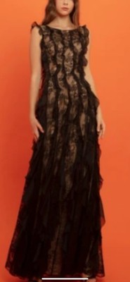 Women s Gemy Maalouf Black Ruffled Lace Flowy Long Dress Sz 6 Gown Retail $1200
