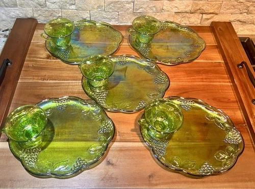 Vintage Indiana Glass Iridescent Lime Green Carnival Glass Snack Set Of Five
