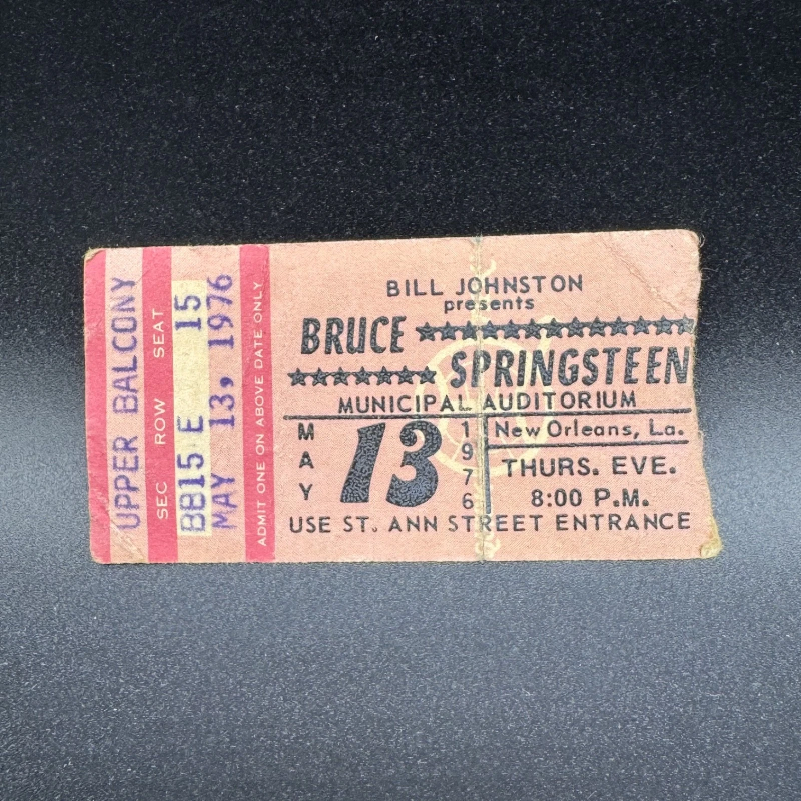 BRUCE SPRINGSTEEN CONCERT TICKET STUB, MAY 13 1976, MUNICIPAL AUDITORIUM
