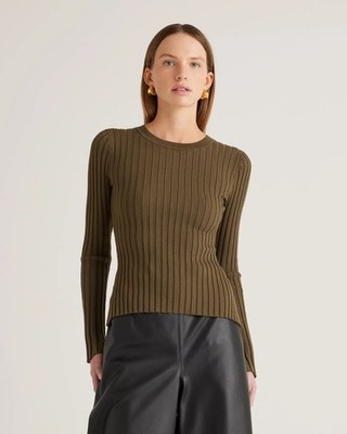 NWT Quince Cotton Cashmere Ribbed Long Sleeve Sweater Olive Green Small S
