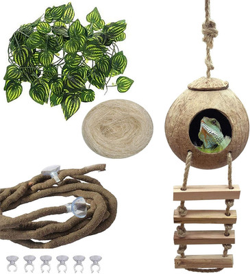 Coconut Shell Gecko Hideout with Ladder Natural Reptile Hut Cave Habitat Décor