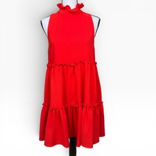 ELLIATT Ruffled Swing Mini Dress Small Red Tiered Ruffle Mock Neck Babydoll
