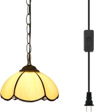 Tiffany Pendant Hanging Light Plug in Light Fixture Vintage Yellow Stained Glas