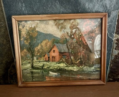 Autumn Reflections Signed Litho Print Red Barn Philip Schumaker Vintage 9.5x7.5