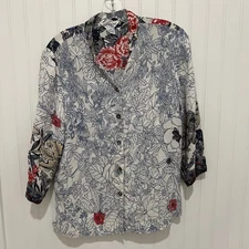 CITRON Santa Monica 100% Silk Top Blouse Asian Floral M Wearable Art