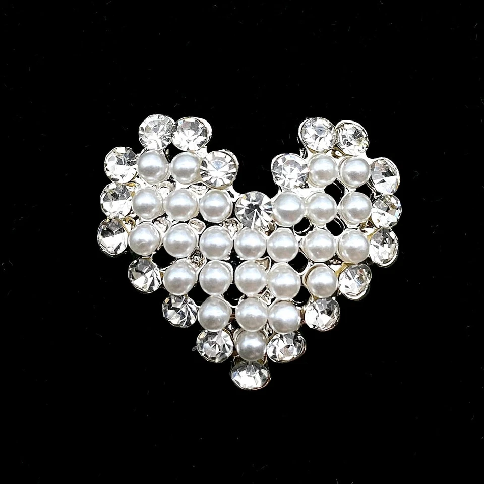 5 Pcs Heart Shaped Sliver Rhinestone and Pearls Sew on Buttons Embellishments... - Image 2 of 4