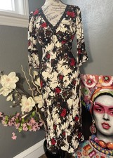 Nicole Miller Floral Dress Women's Size 2 Lace Trim Red Rose Bell Sleeve Midi