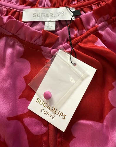 Sugarlips Plus Size 1X Floral Hot Pink Light Pink Balloon Sleeve - Picture 2 of 2