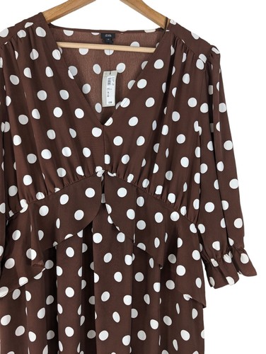 River Island Smock Mini Dress Brown Polka Dot, Frill, 3/4 Sleeve, Size 16 - Picture 3 of 9