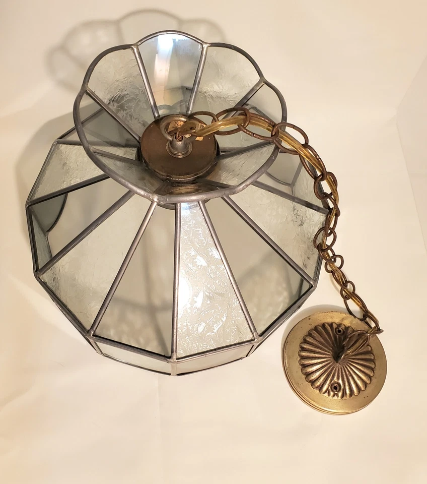 Lámpara de araña vintage estilo Tiffany vitral azul con hojas esmeriladas Foto 3 de 4
