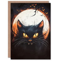 Evil Witches Cat On Full Moon Bats Fun Scary Haunted Halloween Card