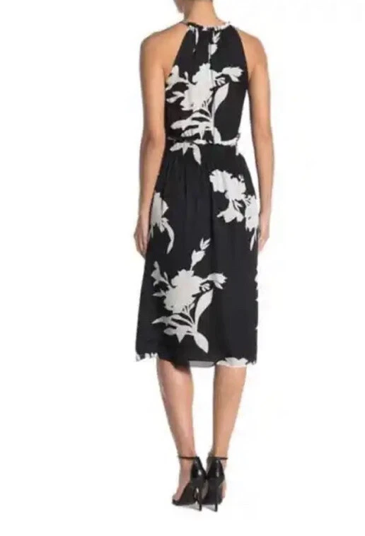 $428 Vestido Joie Pequeño Jerelle Floral Cuello Halter Seda Midi Negro Blanco Cuello Alto Foto 2 de 4