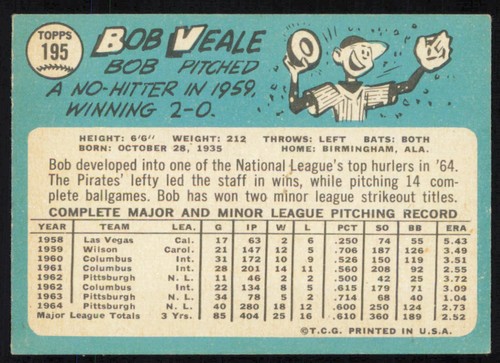 Bob Veale 1965 Topps #195 Pittsburgh Pirates - Picture 2 of 2