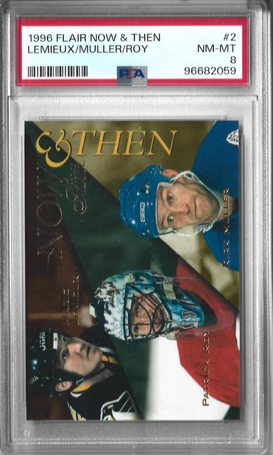 1996-97 Flair Now & Then: Mario Lemieux/Patrick Roy/Kirk Muller NM-MT PSA 8 RARE