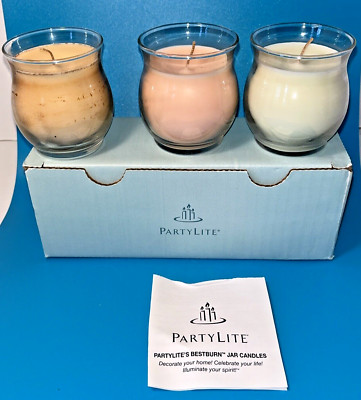 PartyLite Mini Barrel Jar Candles Set 3 White Tea Ginger Apricot Basil Cucumber