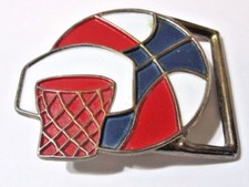 FUN RED WHITE BLUE ENAMEL NOVELTY BELT BUCKLE BASKETBALL AND HOOP VINTAGE