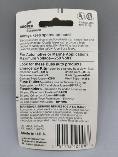 5 Pack Cooper Bussmann BP/AGC10 Carded Fuse 10 AMP AGC-10 Buss Fuses - Bild 2 von 2