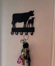 Cow Calf Cattle Metal wall Key Rack Holder Hanger 5 Hooks - Made in USA