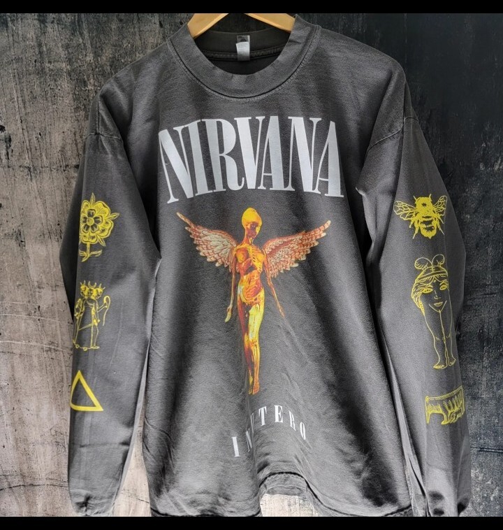 CUSTOM NIRVANA KURT LONG SLEEVE SIDDED PRINT SHIRT LA APPAREL VINTAGE FADE