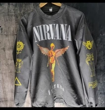 CUSTOM NIRVANA KURT LONG SLEEVE 4 SIDDED PRINT SHIRT LA APPAREL VINTAGE FADE