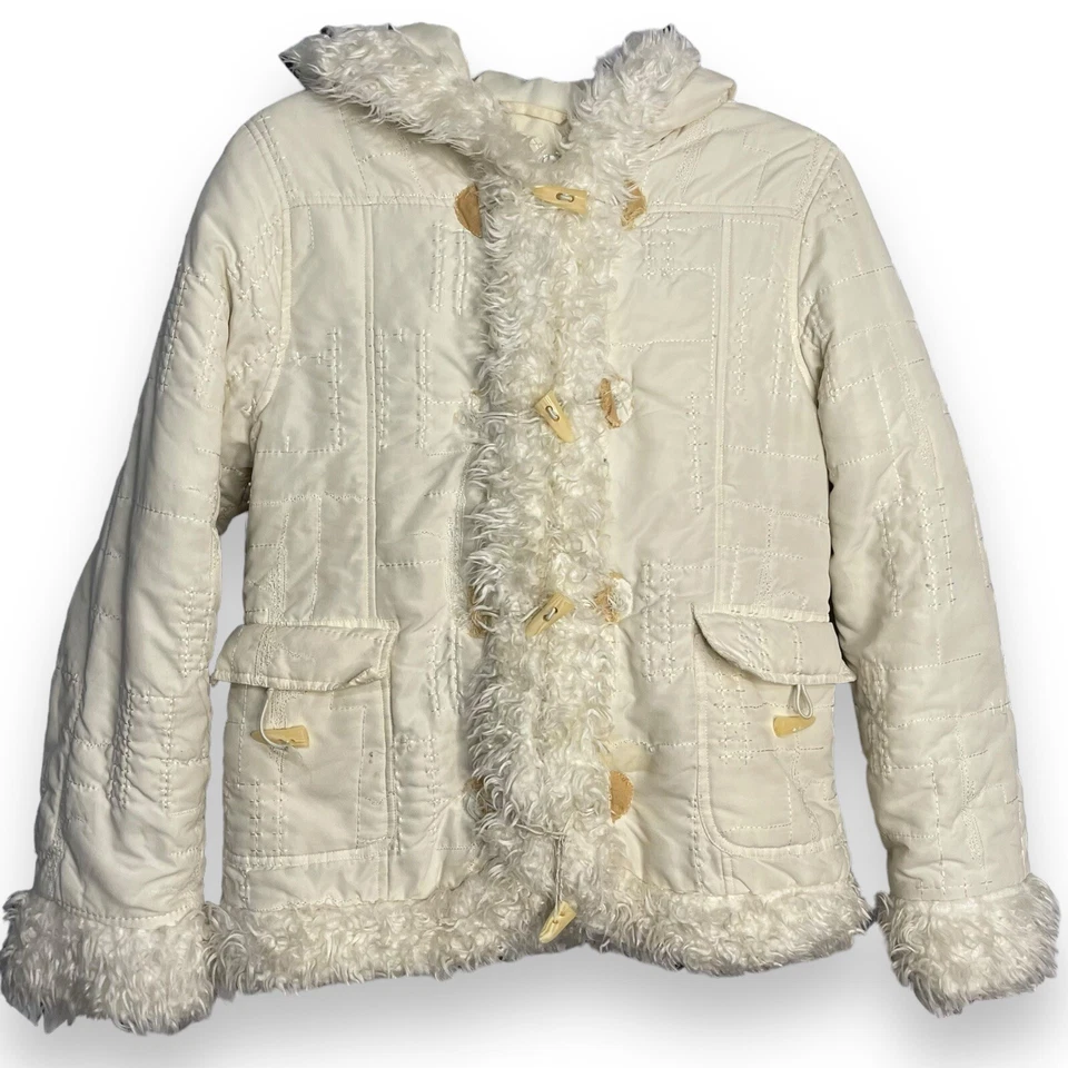Faded Glory Faux Fur Trim Puffer Coat Girls 14/16 Ivory White Hood Pockets Y2K - Image 2 of 4