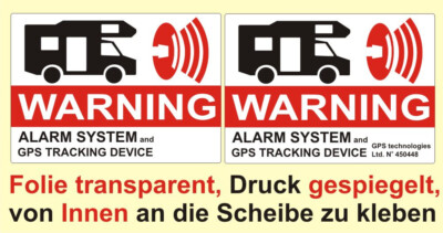 2 x ALARM GESICHERT Aufkleber transparent Wohnmobil Warnschild GPS Alkoven
