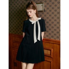 Summer Bowknot Womens Short Sleeve Pleated Splicing Short Dress A Line Ladies OL
