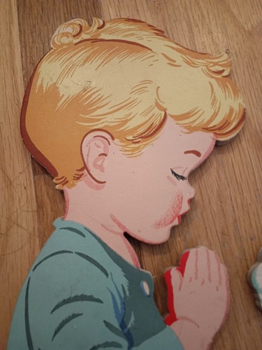 1958 John Wanamaker Praying Children With Angel Litho Boards Wall Decor - Picture 6 of 12