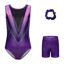 Kids Girls Leotard Competition Dance Outfit Hair Band Dancewear Disco Shorts